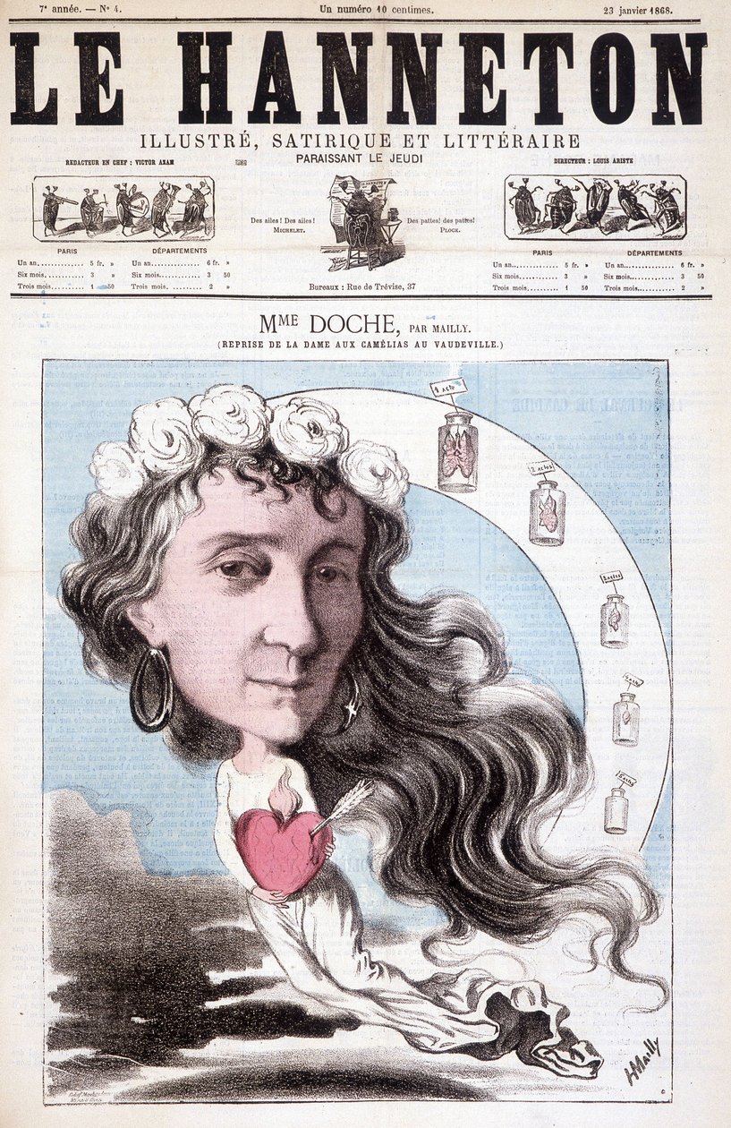 Retrato de Eugénie Doche, numa capa no teatro Vaudeville de "La Dame aux camélias", escrita por Alexandre Dumas (filho) em 1852. Em Le Hanneton, 23 de janeiro de 1852. de Unknown artist