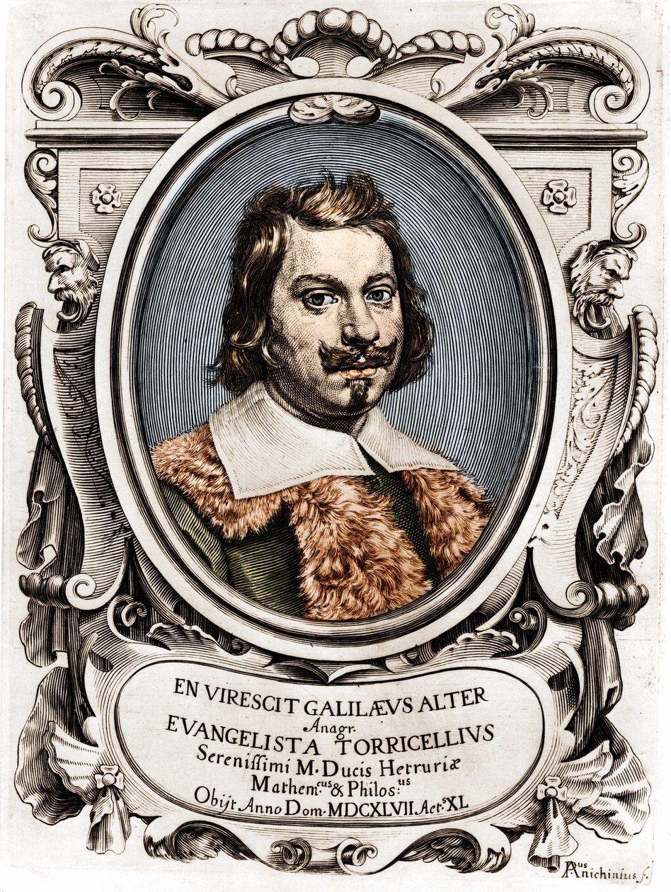 Retrato do Evangelista Torricelli ou Toricelli (1608 - 1647), físico italiano. Gravura do século XVII. de Unknown artist