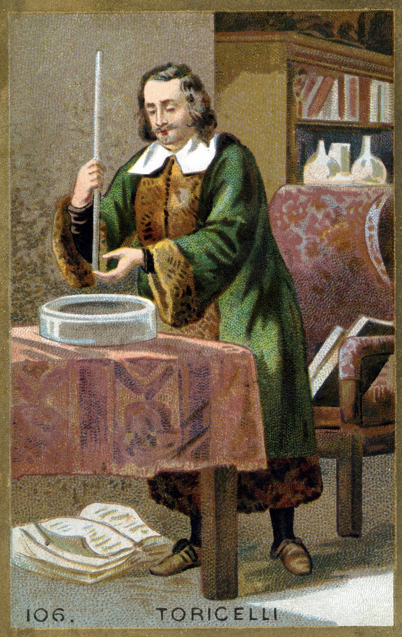 Retrato do Evangelista Torricelli ou Toricelli (1608 - 1647), físico italiano com sua invenção o Barômetro (tubo de mercúrio). Cromolitografia do século XIX. de Unknown artist