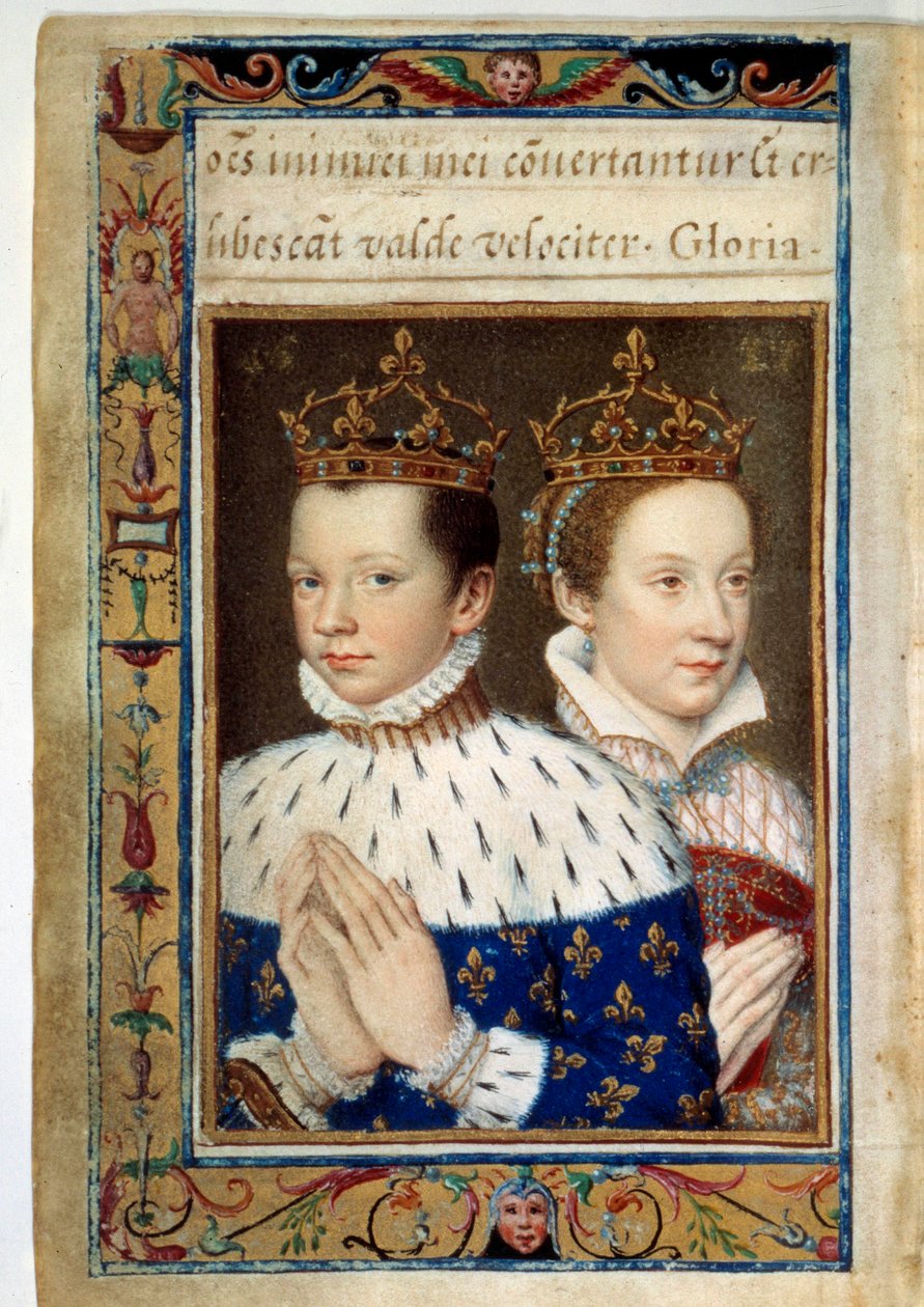 Retrato de François II (1544-1560) e Marie Stuart (1542-1587) Página manuscrita do "Livro de Horas de Catarina de Medicis" (Caterina de Medici) Paris do século XVI, B.N. de Unknown artist