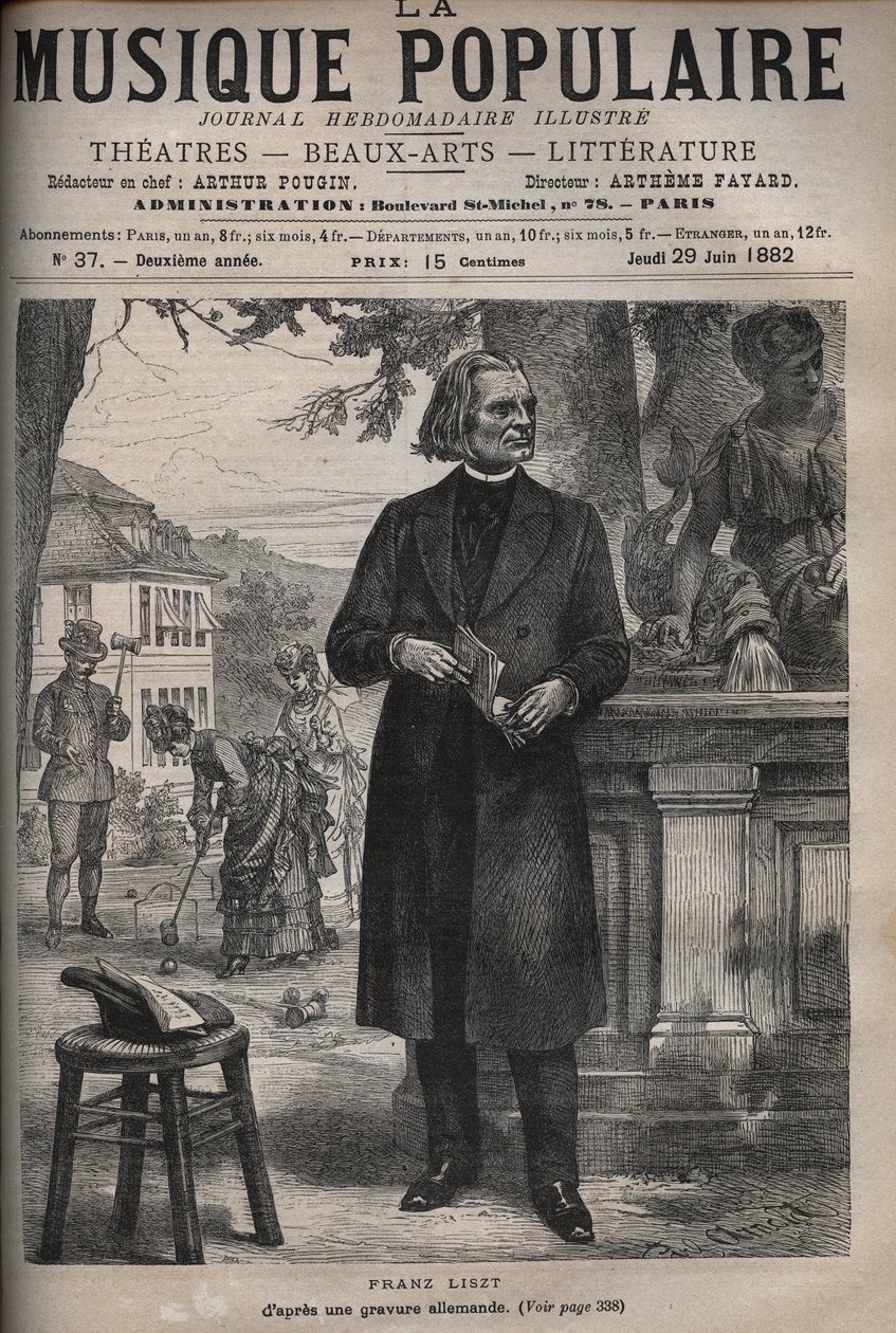 Retrato de Franz Liszt (1811-1886), compositor, pianista e maestro húngaro (Franz Liszt, compositor, pianista e maestro húngaro) gravada no ilustre jornal semanal "Música Popular" - 1882 de Unknown artist