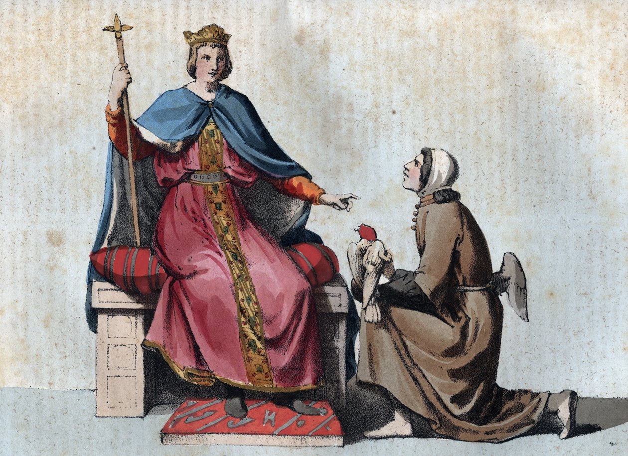 Retrato de Frederico II de Hohenstaufen Santo Imperador Romano com seu falcoeiro - Retrato de Frederico II de Hohenstaufen (1194-1250), Rei do Sacro Império Romano com seu falcoeiro - gravura de "Usi e Costumi di Tutti i i Popoli dell