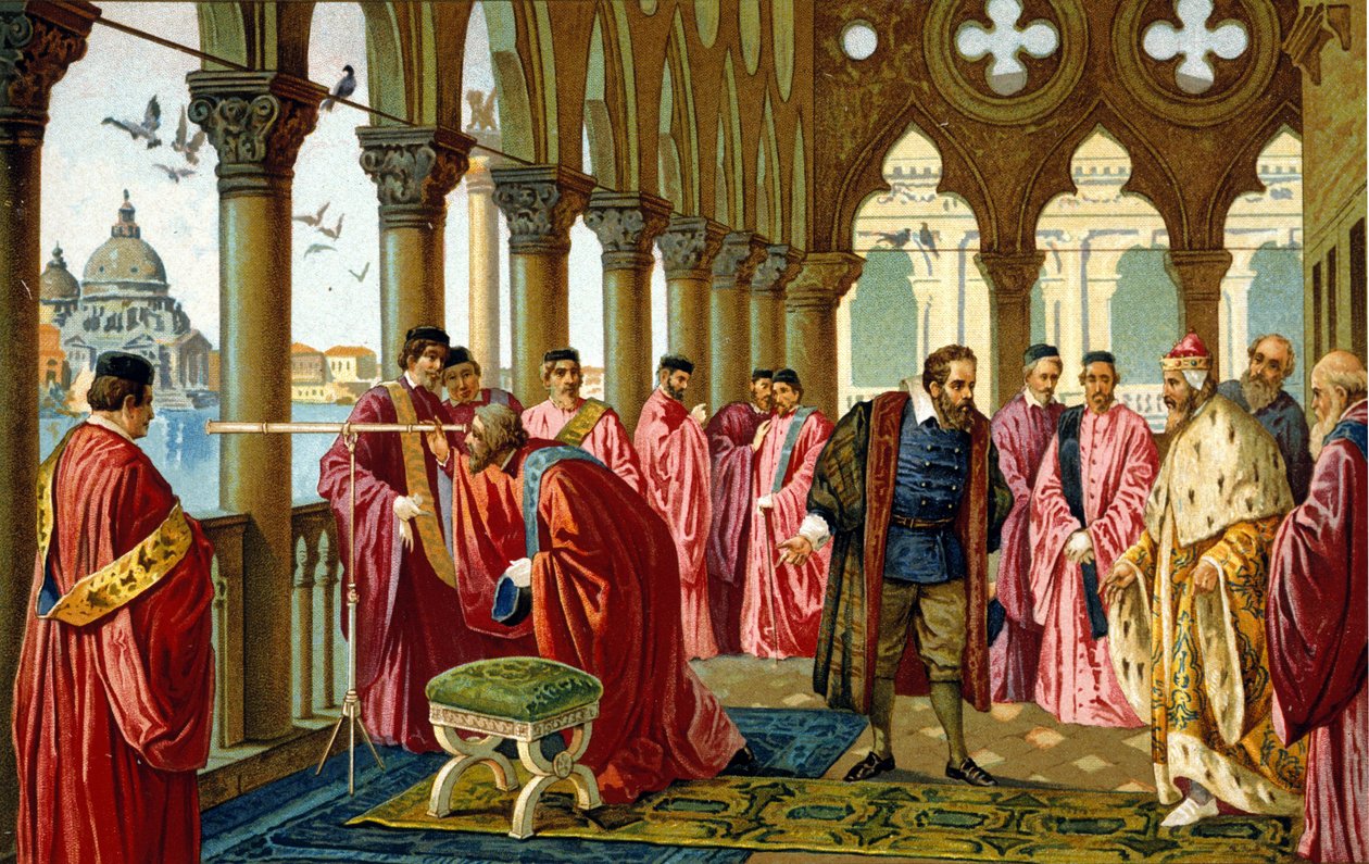 Retrato de Galileu Galilei dit Galileo (1564 - 1642) apresenta a longa - vista para o Doge no seu Palácio Ducal em Veneza. de Unknown artist