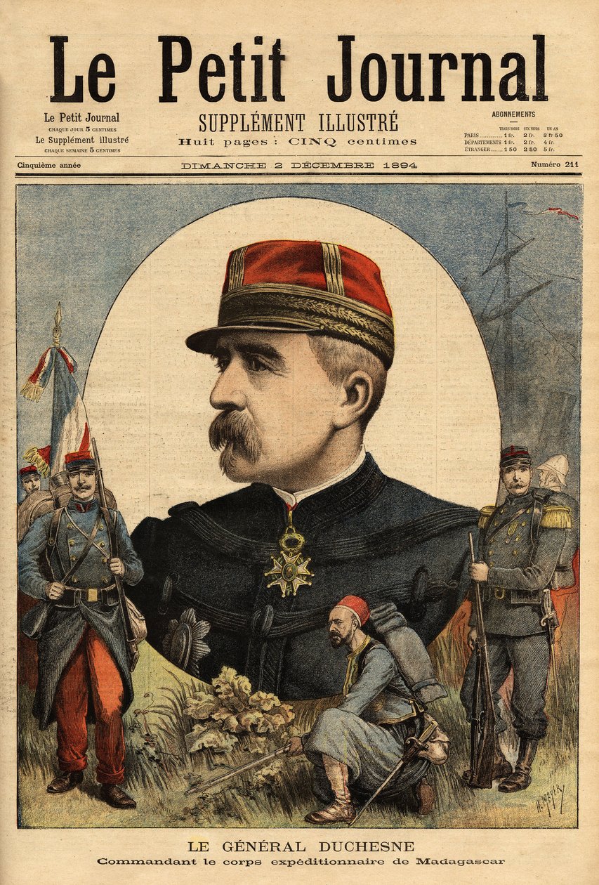 Retrato do General Jacques Charles Duchesne (1837-1918), comandante das forças armadas enviado a Madagáscar em 1894, ele tomou Tananarive. Gravura no "Le petit journal" 3/12/1894. A coleção de Selva. de Unknown artist
