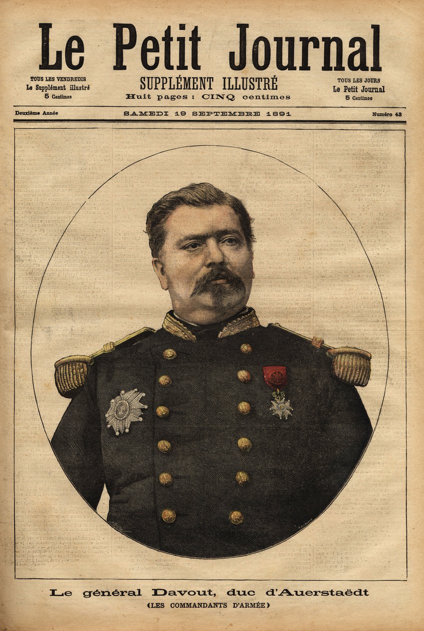 Retrato do General Leopold Davout, Duque de Auerstaedt (1829-1904), Chefe de Gabinete do Armee francês, que participou do desastre da Guerra Franco-Prussiana (1870) de Napoleão III (1808-1873). Gravura no "Le petit journal" 17/09/1891. Selva