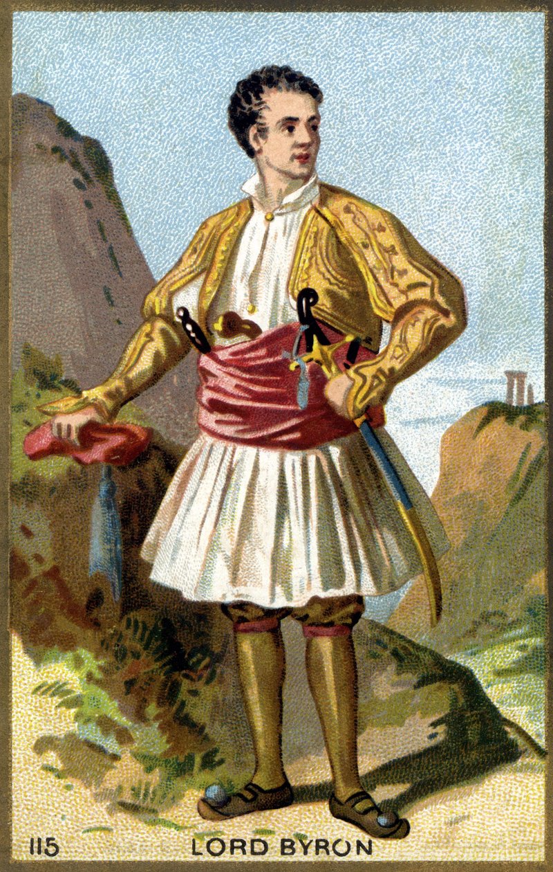 Retrato de George Gordon Noel, 6º Barão Byron, Lord Byron (1788 - 1824) vestido em grego. Cromolitografia do século XIX. de Unknown artist