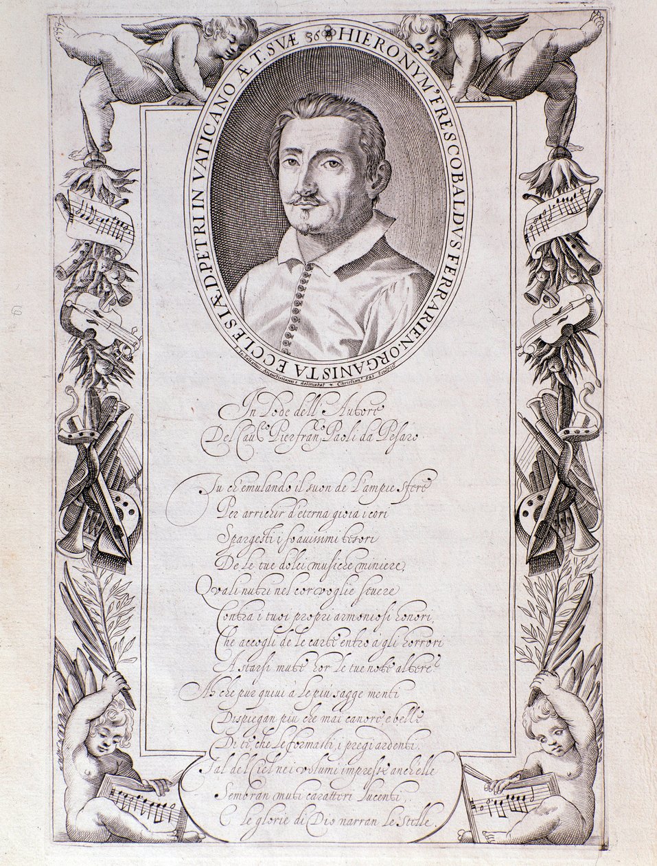 Retrato do compositor italiano Girolamo Frescobaldi (1583-1643) Gravura de frontispício da partitura "Tocrate". 1637. Bolonha, Museo civico Museo de Unknown artist