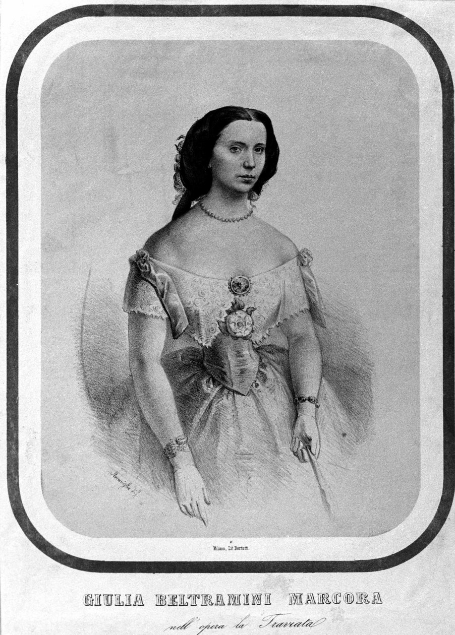 Retrato de Giulia Beltramini Marcora em "La traviata" de Giuseppe Verdi. Litografia do final do século XIX. de Unknown artist