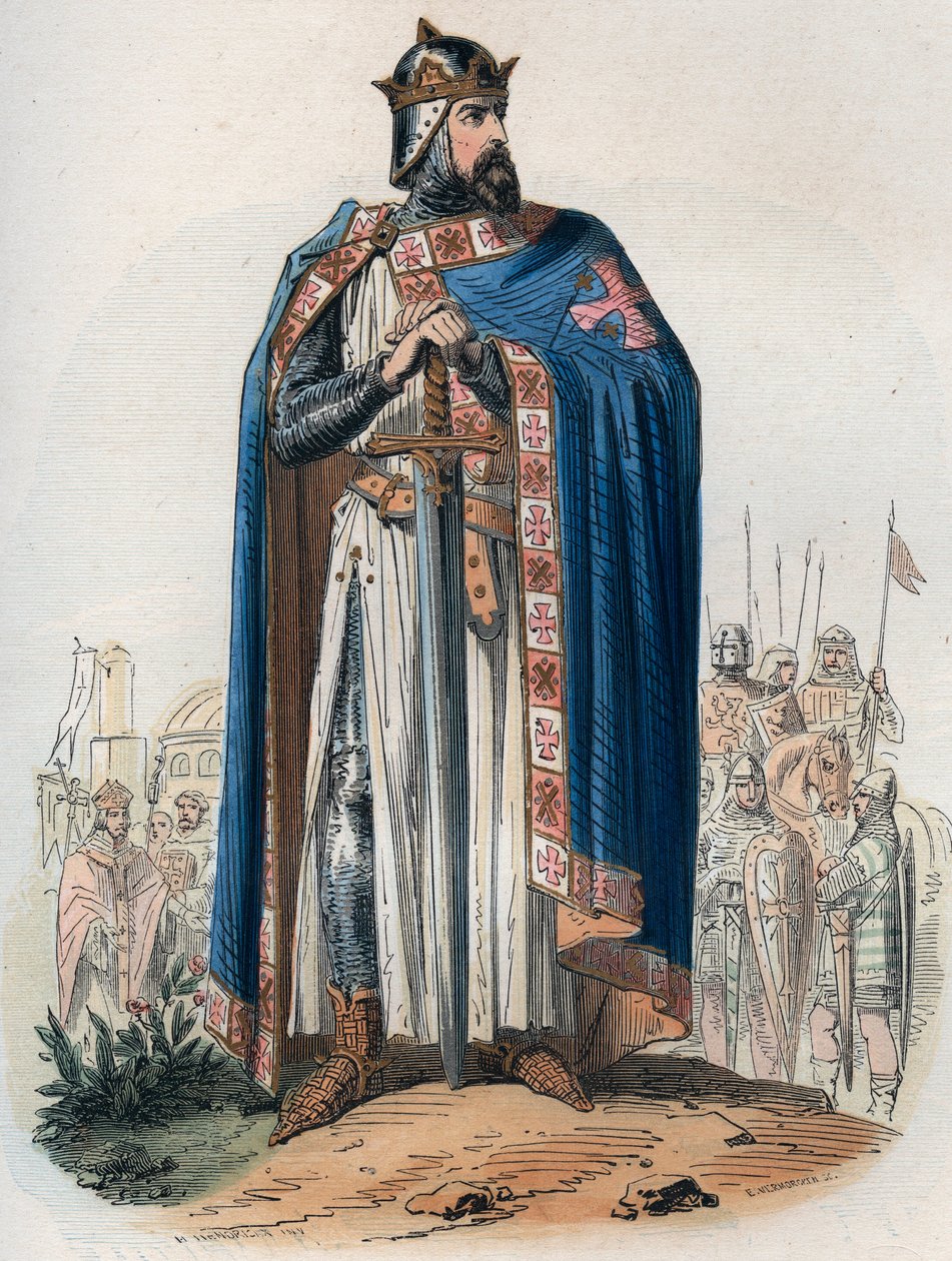 Retrato de Godefroy (Godefroi) de Bouillon (1061-1100) em traje cruzado. Gravura de 1868 em "Histoire de Belgique desde os tempos primitivos até o fim do regimento de Leopoldo I" de Theodore Juste (1818-1888). Coleção privada. de Unknown artist