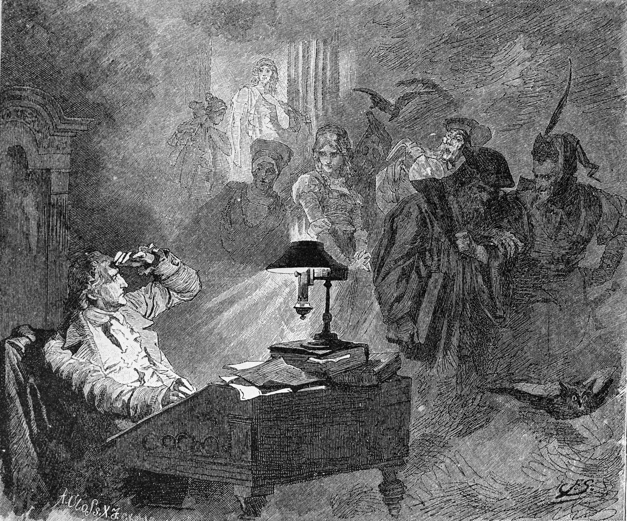Retrato de Goethe rodeado de personagens de Fausto Gravura de Unknown artist