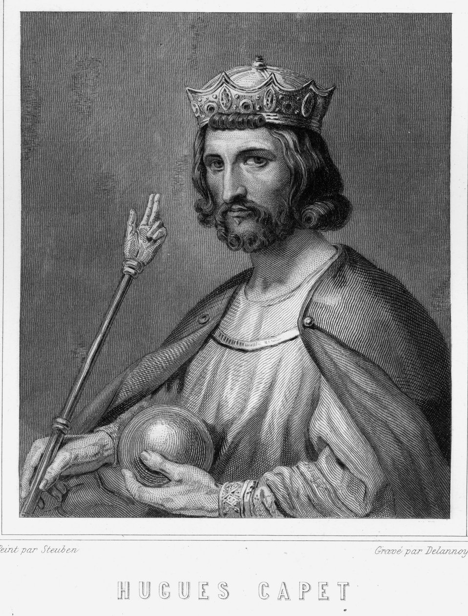 Retrato de Hugues I Capet (v. 941 - 996), Duque de França e depois Rei de França - em "Histoire des Français" de Lavallée, gravura, sd. de Unknown artist