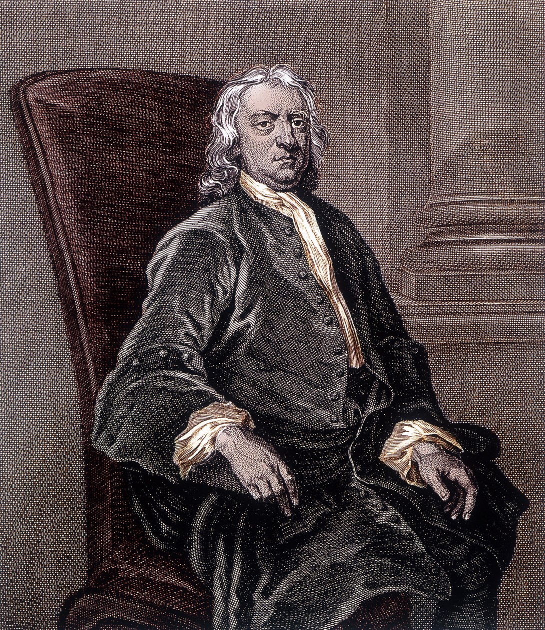 Retrato de Isaac Newton sentado numa poltrona - Gravura de Unknown artist