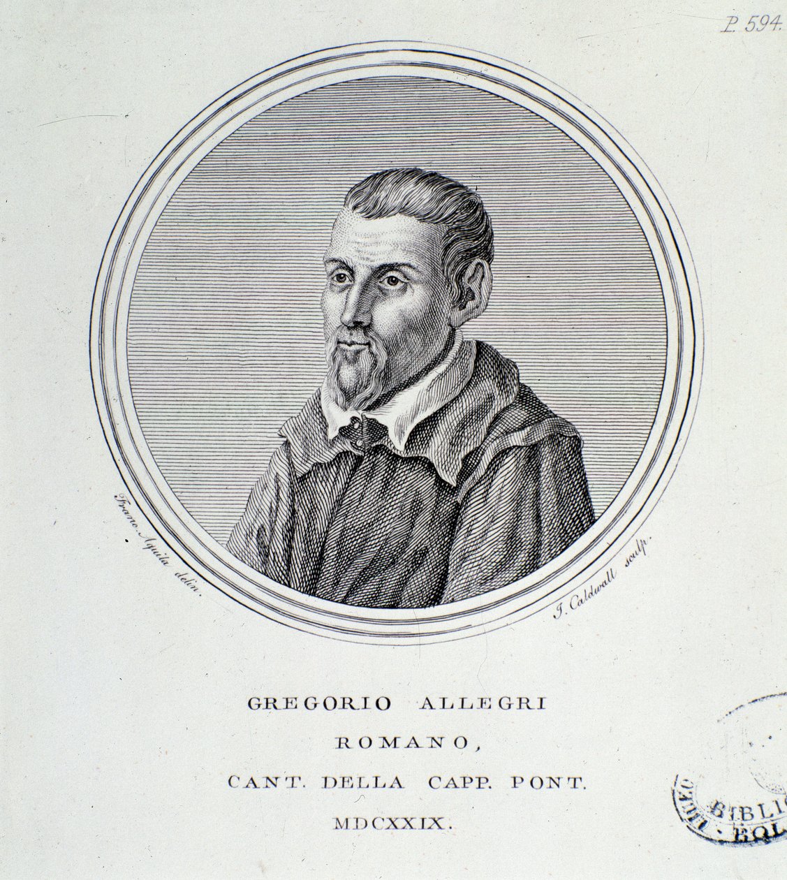 Retrato do compositor italiano Gregorio Allegri (1582-1652) Gravura. 1629. Bolonha, museu bibliográfico cívico de Unknown artist