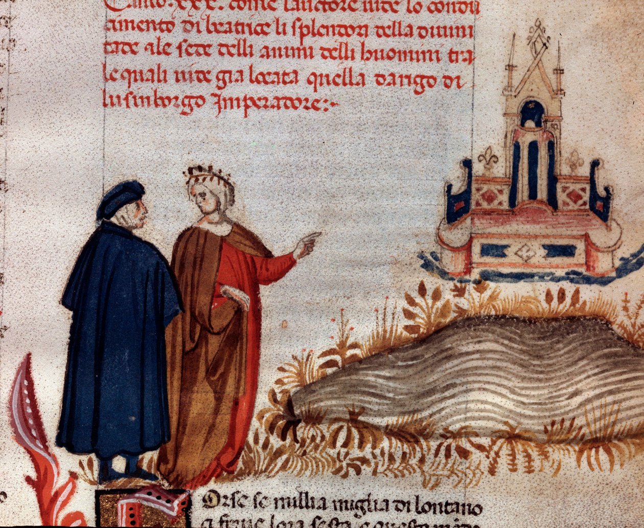 Retrato do poeta italiano Dante Alighieri com Virgílio olhando para o trono de Henrique VII (canção 20 do Paraíso, na Divina Comédia) - Miniatura de Unknown artist
