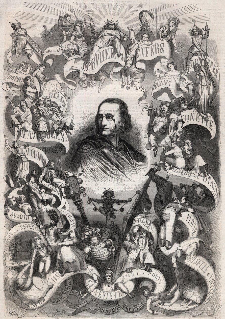 Retrato de Jacques Offenbach (1819-1880), compositor e diretor francês do Teatro des Bouffes Parisiens, rodeado por personagens de suas obras - Gravura em "Le Monde Illustré de Unknown artist