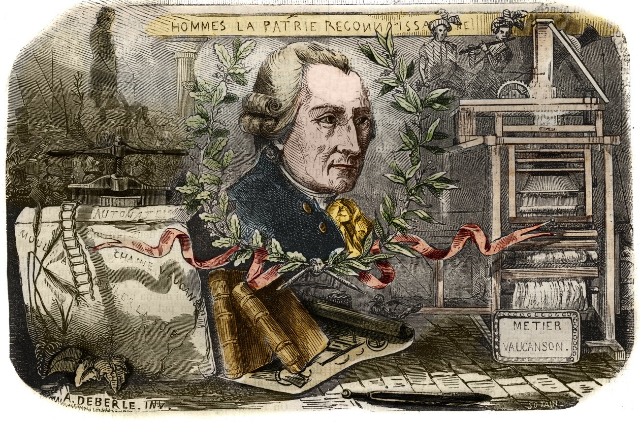 Retrato de Jacques de Vaucanson (1709-1782), mecânico francês e inventor de autómatos. Gravura de 1857 em "Le Musee Des Sciences". de Unknown artist