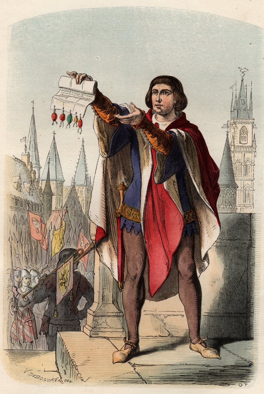 Retrato de Jacques ou Jacob van Artevelde (1287-1345) político flamengo. Gravura de 1868 em "Histoire de Belgique desde os tempos primitivos até o fim do regimento de Leopoldo I" de Theodore Juste (1818-1888). Coleção privada. de Unknown artist
