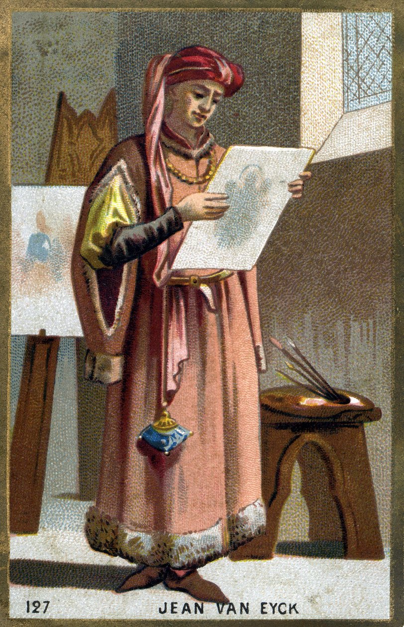 Retrato de Jan Van Eyck (1390 -1441) Pintor flamengo - cocar da cabeça de um liripipião. Cromolitografia do século XIX. de Unknown artist