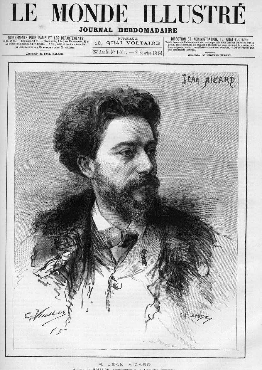Retrato de Jean Aicard (1848-1921) escritor francês. Gravura em "Le Monde Illustré" (O Mundo Ilustrado) de Unknown artist