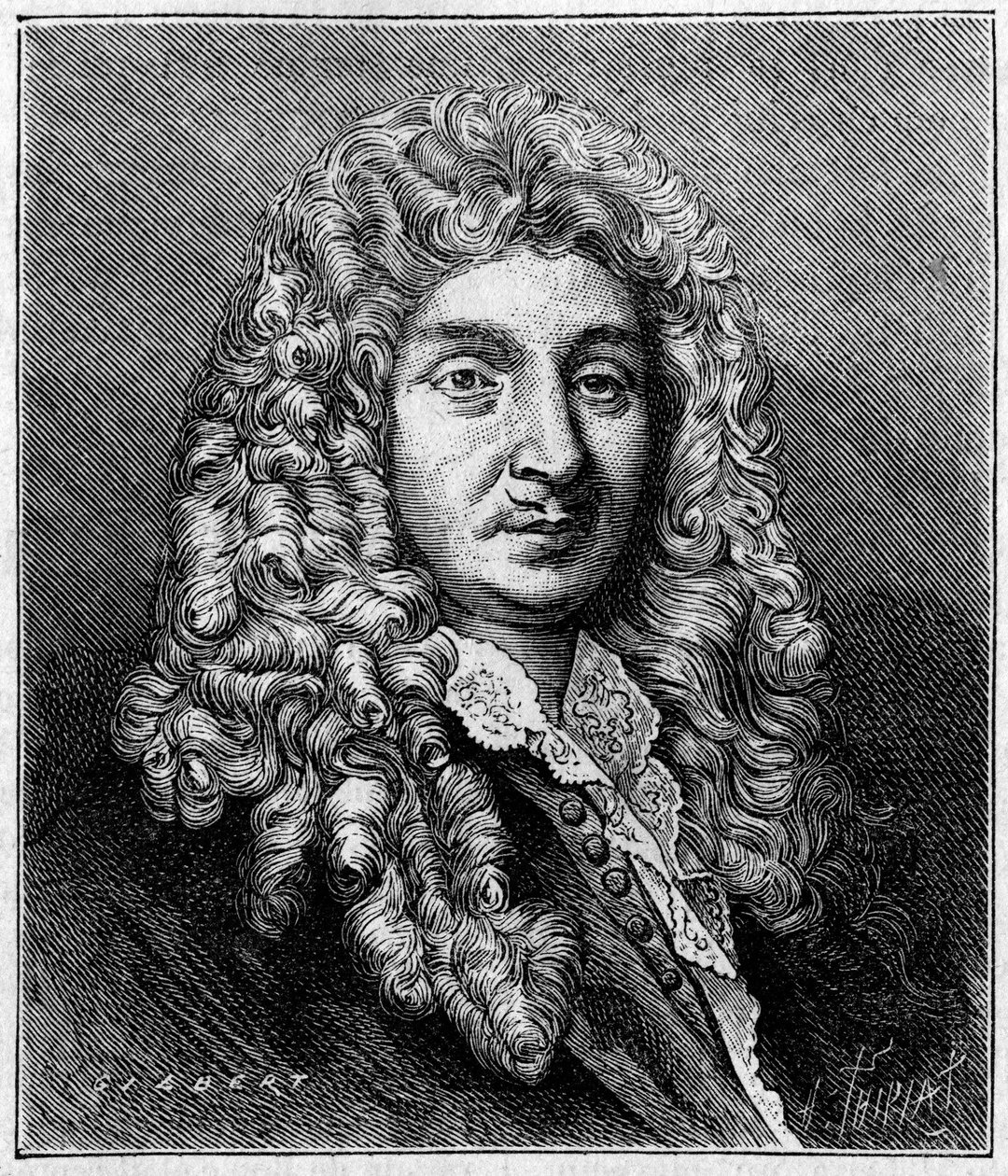 Retrato de Jean Baptiste Lully (Giovanni Battista Lulli) (1632-1687), compositor francês de origem italiana. De uma gravura da época. Gravura em "La Nature: Revue des sciences et de leurs applications aux arts et a l
