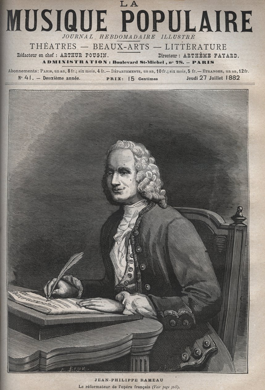 Retrato de Jean Philippe Rameau (1683-1764) - Retrato de Jean-Philippe Rameau (1683-1764), compositor francês - gravura no ilustre jornal semanal "La musique populaire" - 1882 de Unknown artist