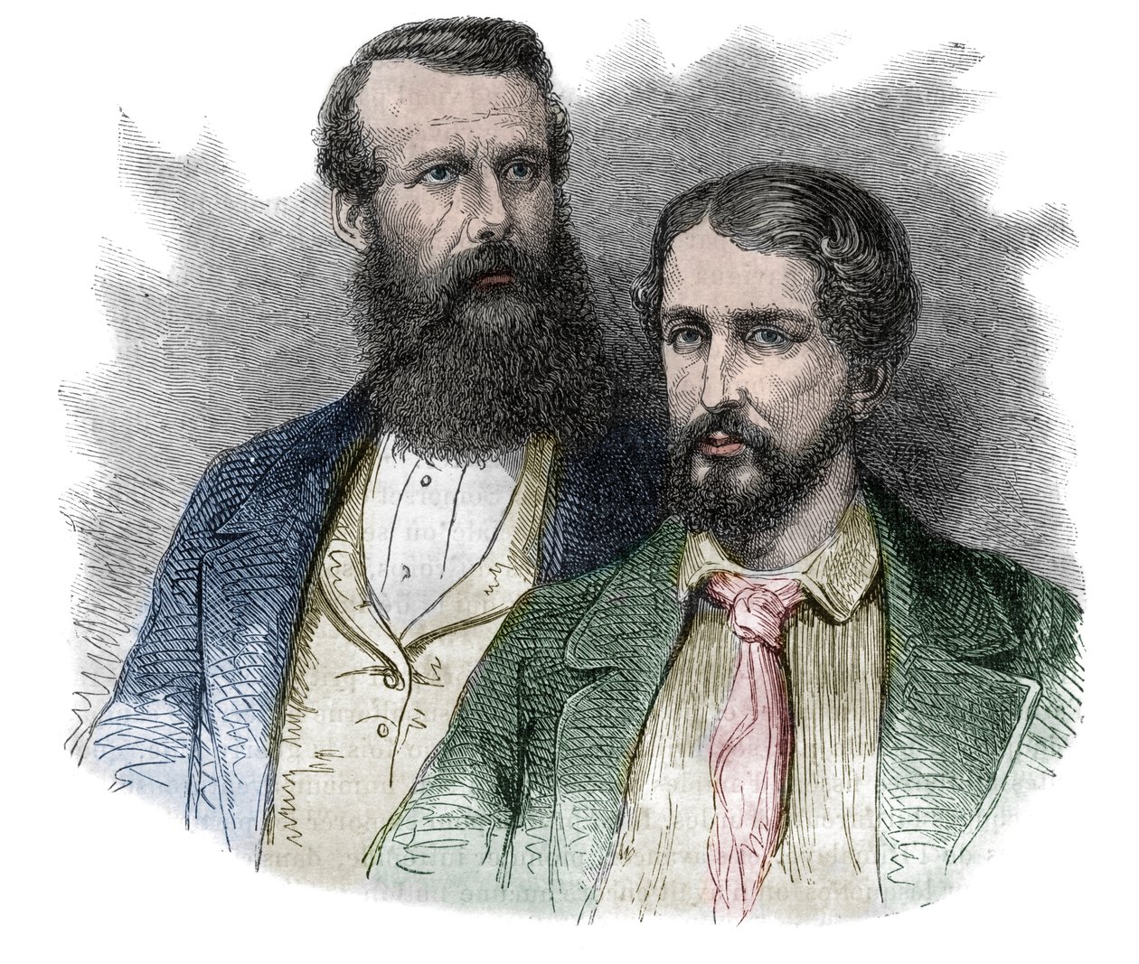 Retrato de John Hanning Speke, explorador britânico, e James Augustus Grant, soldado e explorador britânico. Juntos eles exploraram as nascentes do Rio Nilo - gravura de "A pitoresca história das grandes viagens no século XIX". 1877 de Unknown artist