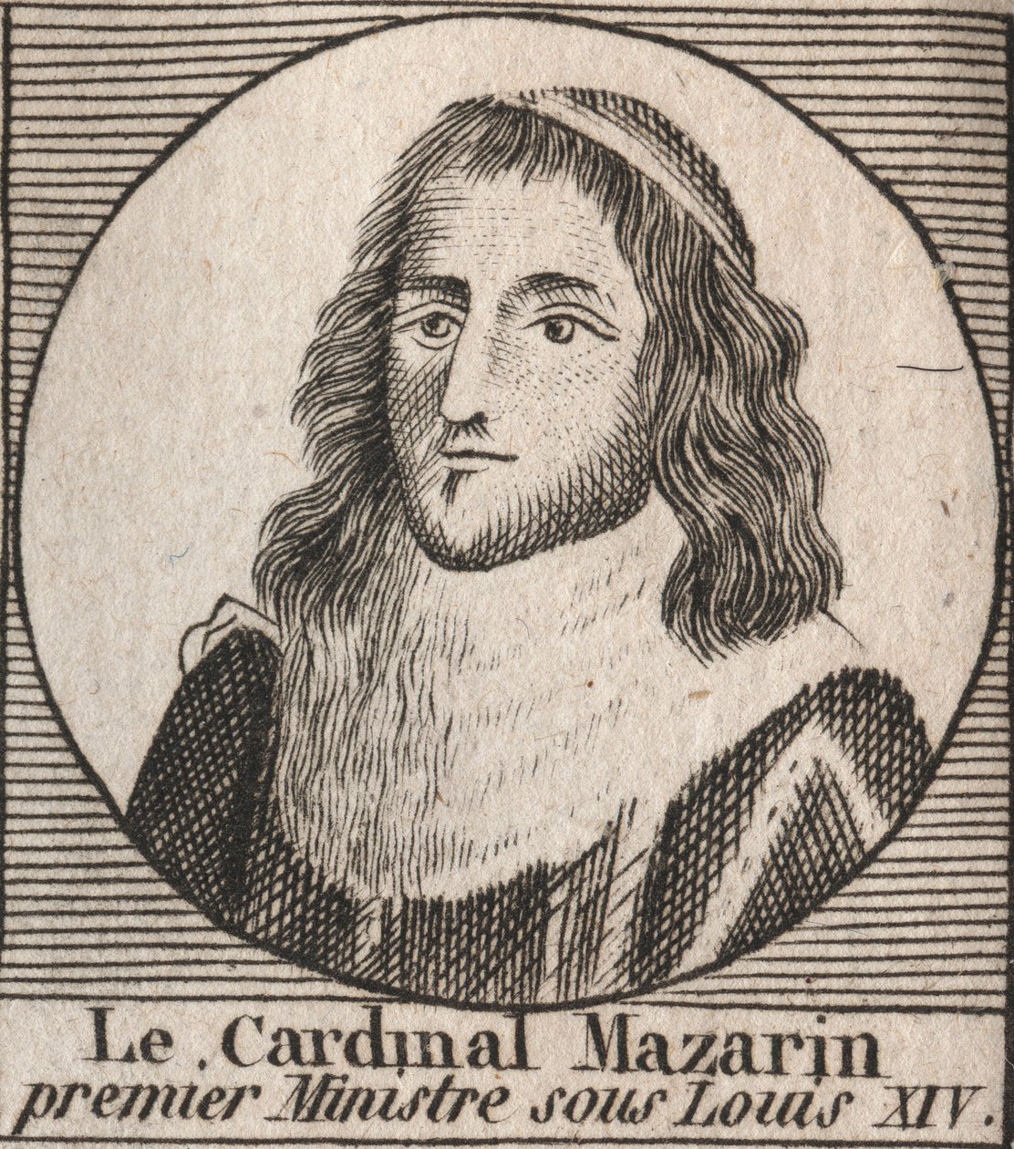 Retrato de Jules Mazarin (1602-1661), conhecido como cardeal Mazarin, primeiro-ministro sob Louis XIV - o cardeal Mazarin serviu como ministro chefe de Louis XIV - gravura de "Instruction sur l