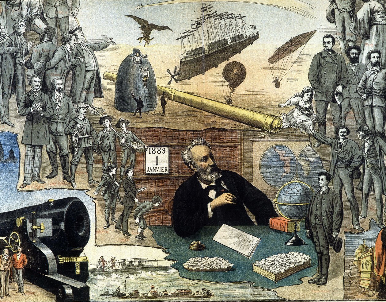 Retrato de Júlio Verne e cenas de suas obras - cartaz publicitário para suas obras completas de Unknown artist