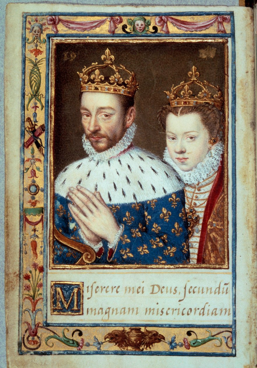 Retrato do Rei Carlos IX (1550-1574) e Isabel da Áustria (1554-1592) Rainha de França Página manuscrita do "Livro de Horas de Catarina de Medicis" (Caterina de Medici) Paris do século XVI, B.N. de Unknown artist
