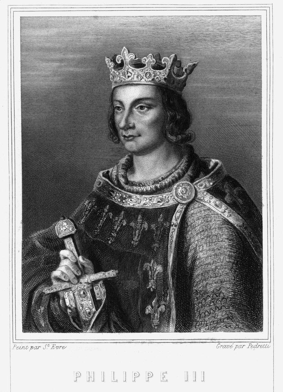 Retrato do Rei Filipe III da França, conhecido como Filipe o Hardi (1245-1285) (dinastia Capetiana). Filipe III, Rei de França. Filipe III, o Negrito (1245-1285) - em "Histoire des Français" de Lavallée, gravura, sd. de Unknown artist