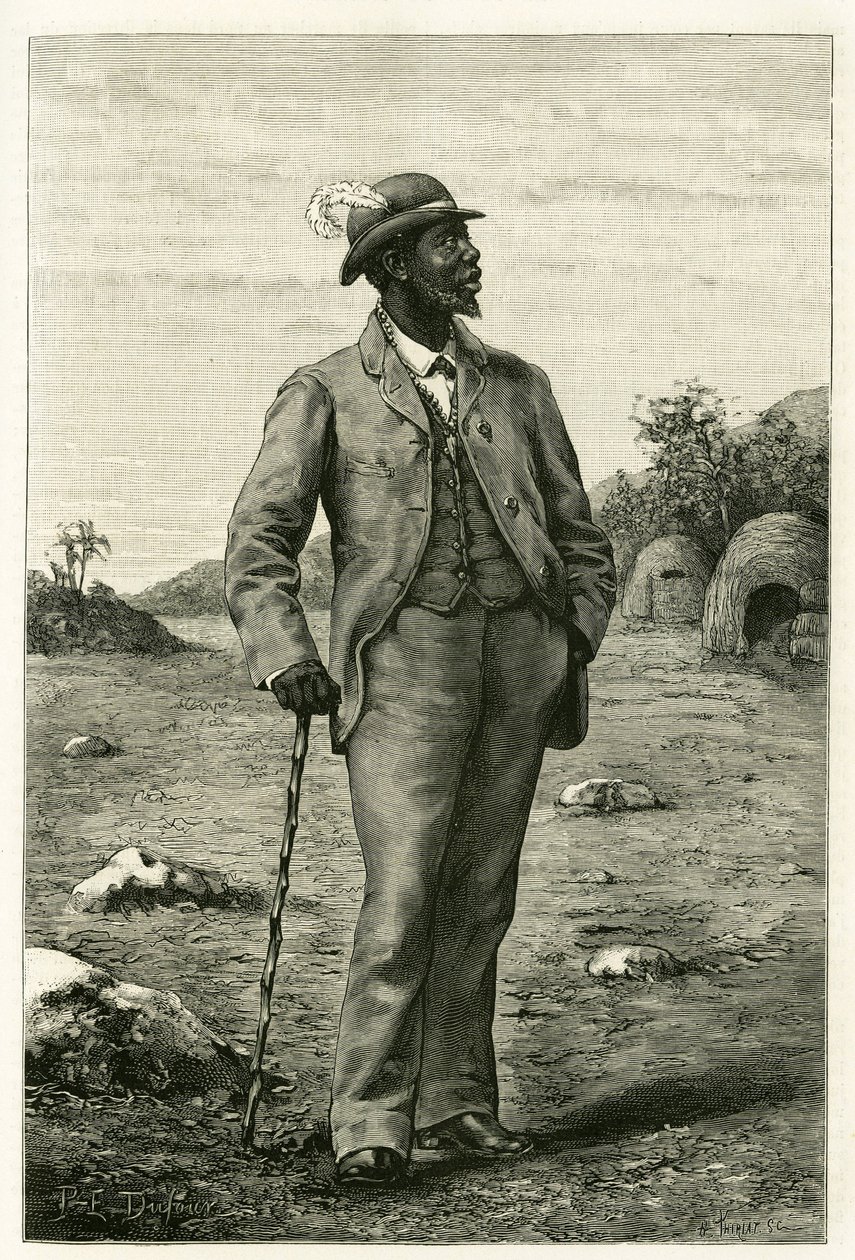 Retrato do Rei Sepopo do Zambeze (actual África do Sul), vestido em estilo europeu, gravado por P. Dufour, para ilustrar a história "Au pays des Marutses", em 1875-1879, pelo Dr. Emile Holub (1847-1902). Publicado no Tour du monde, 2º semestre 1 de Unknown artist