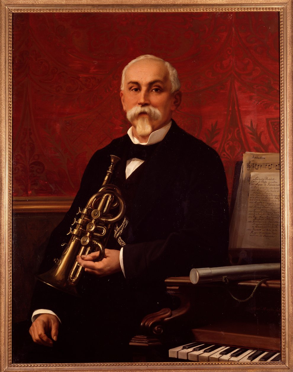 Retrato de Lodovico Bortolotti (século XIX) músico italiano Ele segura uma trombeta. Pintura anónima. Século XIX. Bolonha, museo civico bibliografico de Unknown artist
