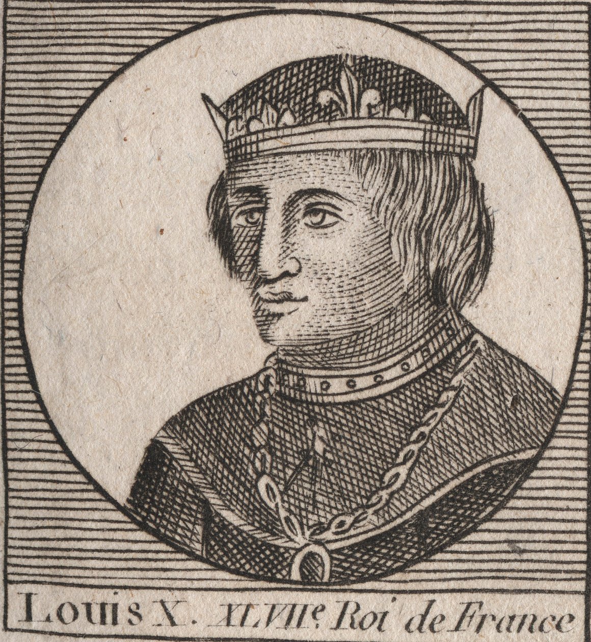 Retrato de Louis X le Hutin (1289 - 1316), Rei de França - Louis X (1289-1316) o Teimoso, Rei de França e Navarra - gravura de "Instruction sur l