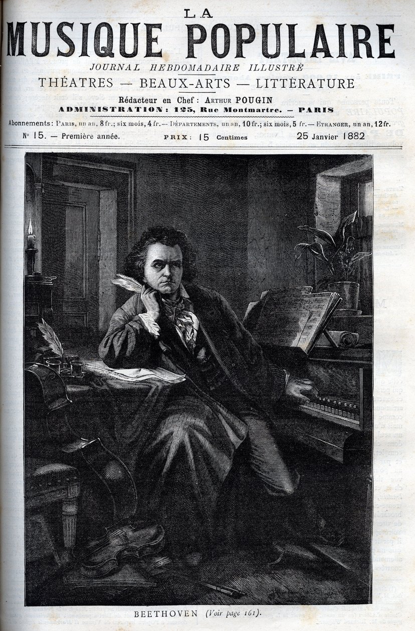 Retrato de Ludwig van Beethoven (1770-1827), compositor e pianista alemão - gravura em "La musique populaire" ilustre jornal semanal - 1882 de Unknown artist