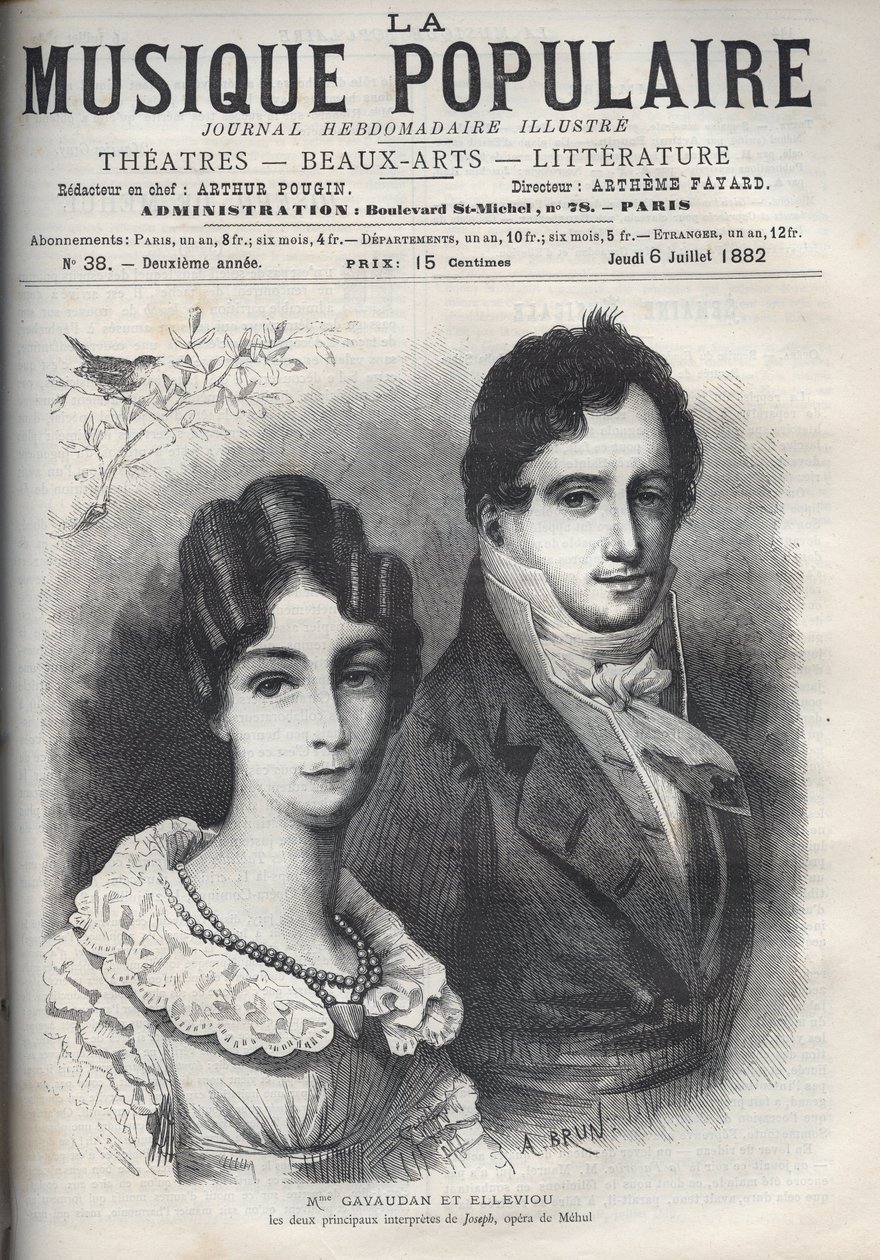 Retrato de Madame Gavaudan e Elleviou. Alexandrine Marie Agathe Gavaudan Ducamel (Alexandrine-Marie-Agathe Gavaudan-Ducamel) (1781-1850), e Jean Elleviou (1769-1842), cantor francês, comediante e libretista, são os dois principais intérpretes de "Joseph",  de Unknown artist