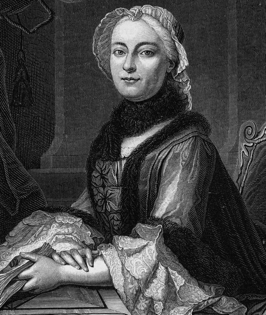 Retrato de Madame Geoffrin, nee Marie Therese (Marie-Therese) Rodet (1699-1777) - Gravura de 1862 em "As Rainhas do Mundo" pelos nossos primeiros escritores, Livro publicado sob a direcção de Jean Germain Desire Armandaud de Unknown artist