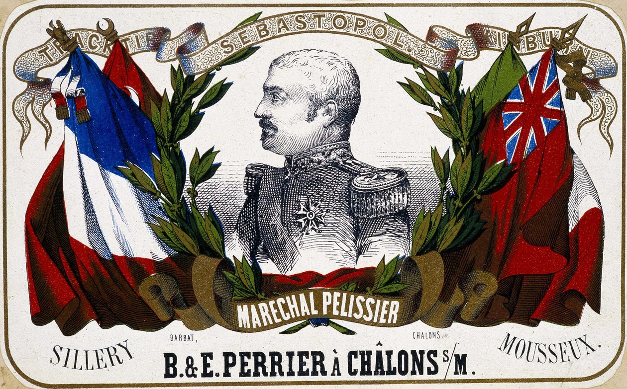 Retrato de Maréchal Pelissier em uma etiqueta de champanhe "B. & E. Perrier à Chalôns sur Marne", sd. Século XIX. de Unknown artist