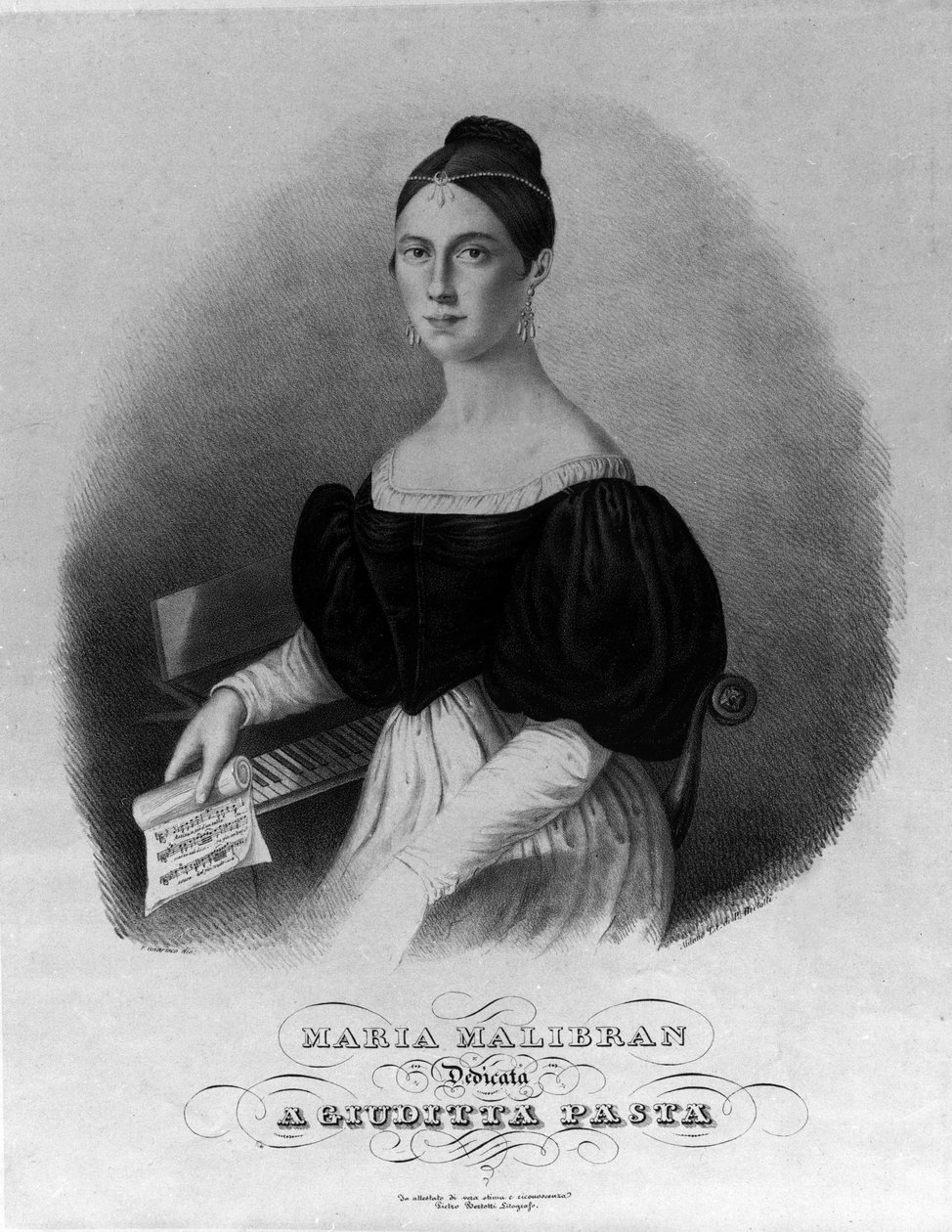 Retrato de Maria Garcia chamada a cantora Malibran (1808-1836), gravura dedicada à massa Giuditta. de Unknown artist