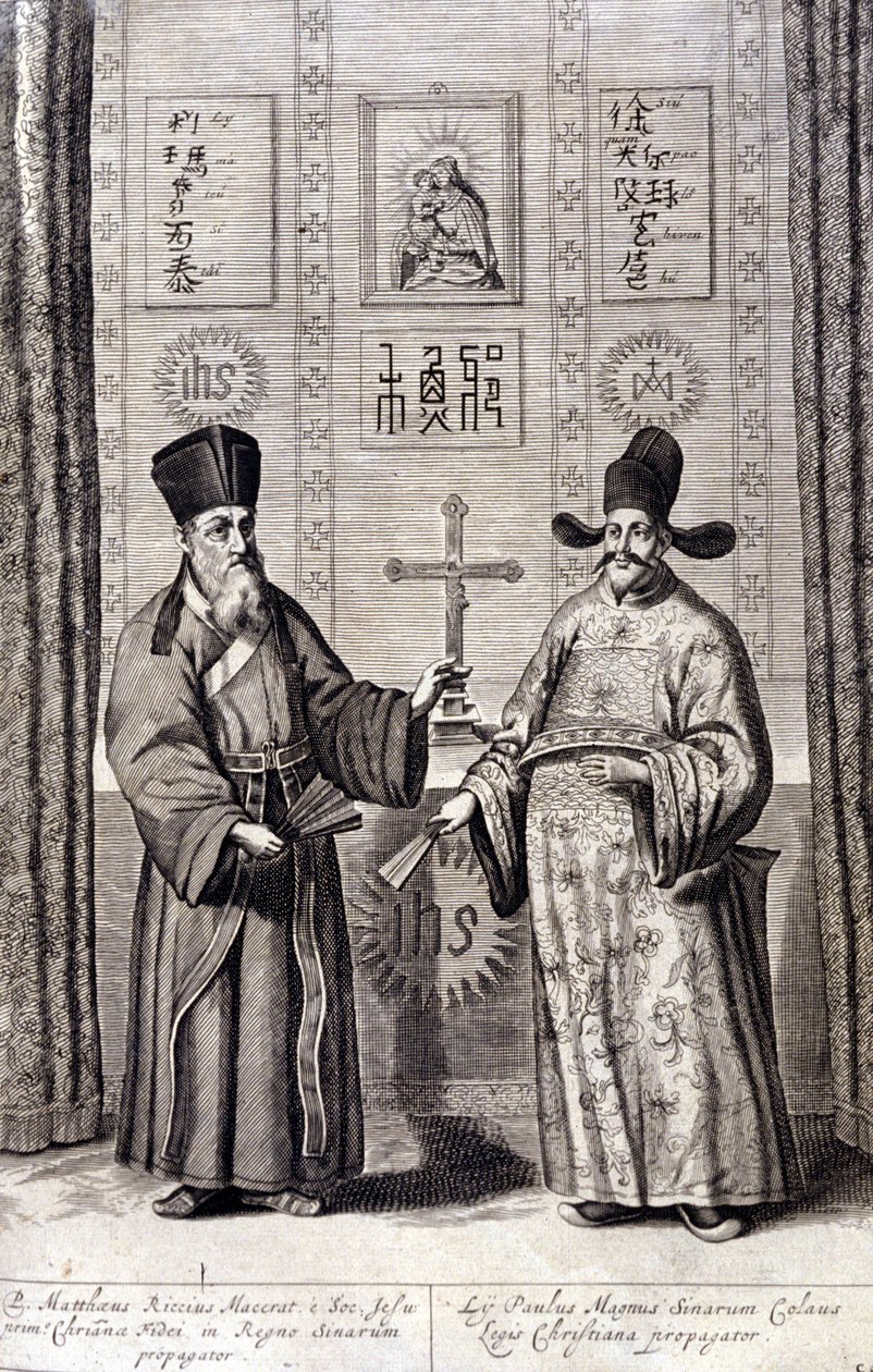 Retrato de Matteo Ricci (esquerda), jesuíta italiano e Paul Ly, grande propagador da fé cristã na China, gravura de "De China monumenta" de Athanasius Kircher (1601 - 1680), jesuíta, orientalista e erudito alemão, Amsterdam 1667. de Unknown artist