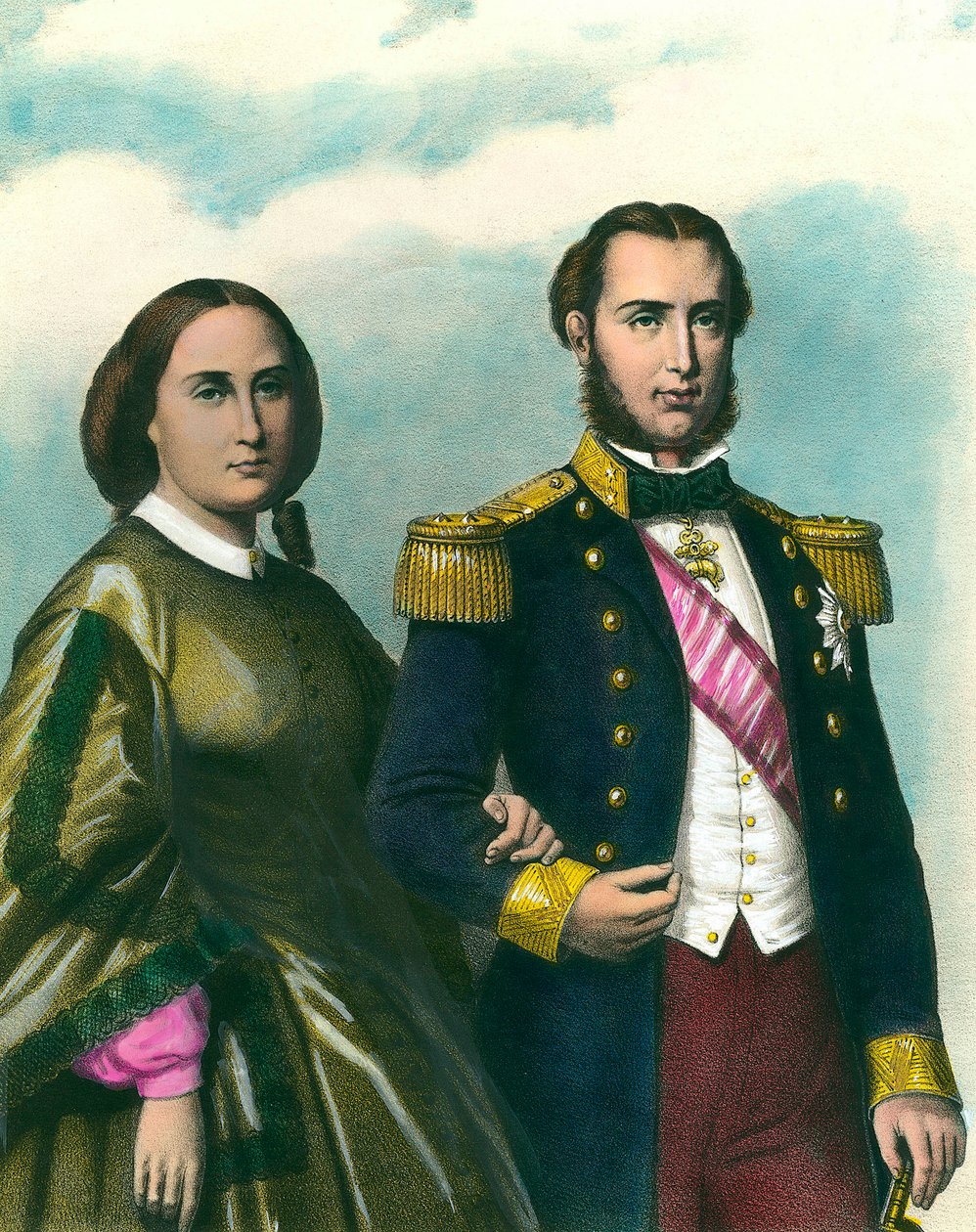 Retrato de Maximiliano I (1832-1867) Imperador do México e sua esposa Charlotte da Bélgica (1840-1927). Ilustração do século XIX. Coleção particular de Unknown artist