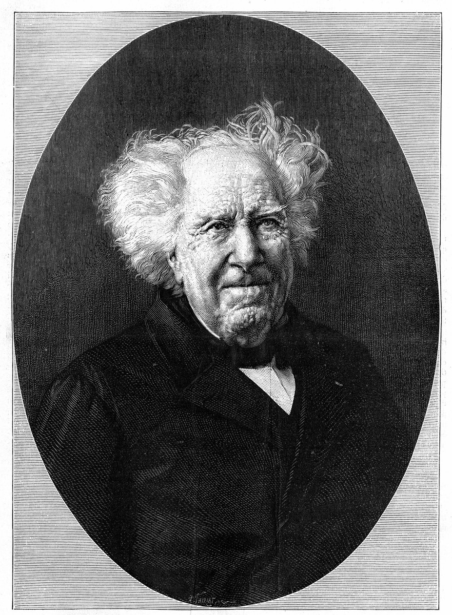 Retrato de Michel Eugene (Michel-Eugene) Chevreul (1786-1889), químico francês. Gravura em "La Nature: Revue des sciences et de leurs applications aux arts et a l