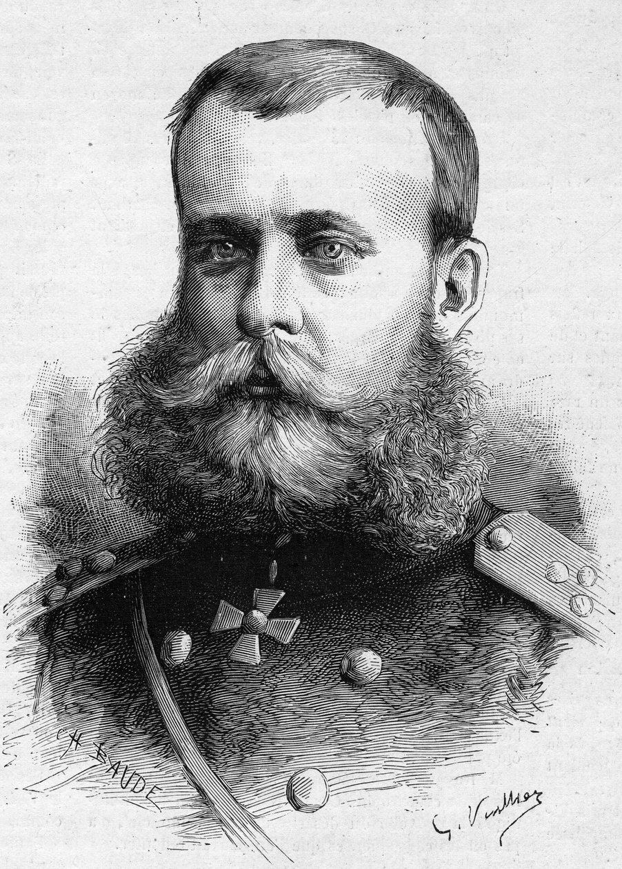 Retrato de Mikhail Dmitrievich Skobeleff (General Skobeleff ou Skobelev) (1843-1882), militar russo. Gravura em "Le Monde Illustré" n°1301 de 4 de março de Unknown artist