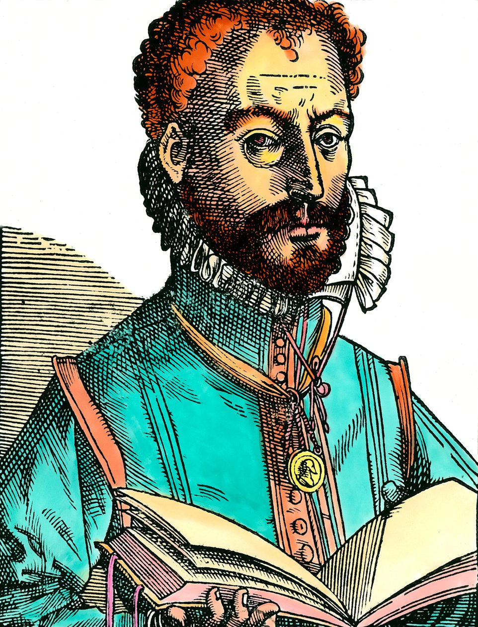 Retrato de Orlandus Lassus (1531-1594) músico da escola franco-belga com um livro aberto (páginas brancas). Gravura do século XVI. Coll. Vá lá. de Unknown artist