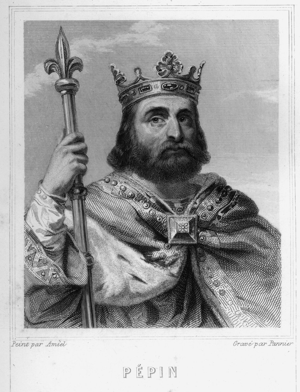 Retrato de Pépin le Brief (v. 714 - 768), Rei dos Francos, primeiro dos Carolíngios - em “Histoire des Français” de Lavallée, gravura, sd. de Unknown artist
