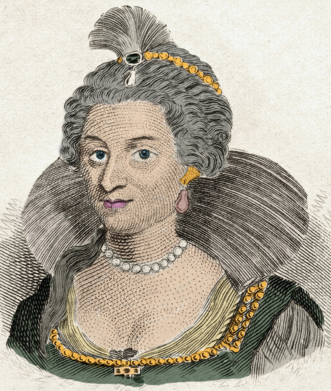 Retrato da Rainha Ana da Dinamarca Rainha de Inglaterra (1574-1619), esposa do Rei James I de Inglaterra (1566-1625). Gravura do século XIX de Unknown artist