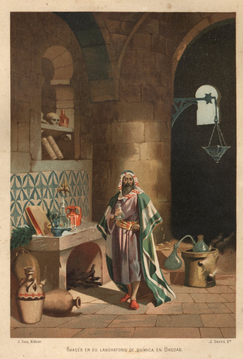 Retrato de Rhases (Rhazes, Razi, Al-Razi, Razis, ou Rases) (840-923) Cientista persa) em seu laboratório em Bagdá. Barcelona, 1881. de Unknown artist
