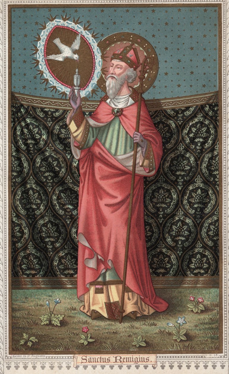 Retrato de Saint Remi (437-533) (São Remigius, Remy Remigio) visita da pomba do Espírito Santo (Espírito Santo). Cromolitografia do final do século XIX. de Unknown artist