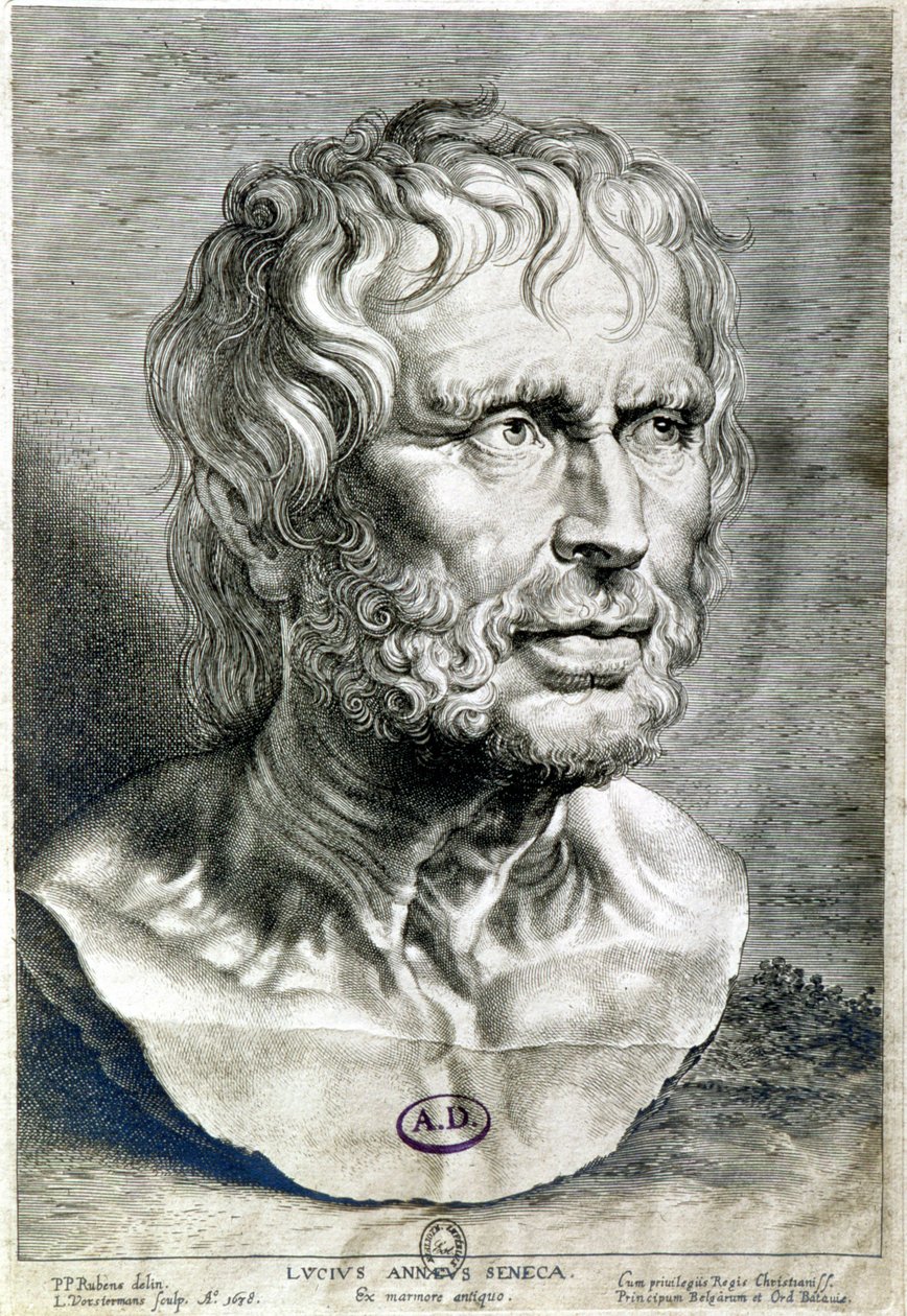 Retrato de Seneque (Lucius Annaeus Seneca, 4 AC-65 AD), filósofo da escola estóica, dramaturgo e estadista romano - Engraving 1638 - Coll Maciet, Biblioteca de Artes Decorativas, Paris de Unknown artist