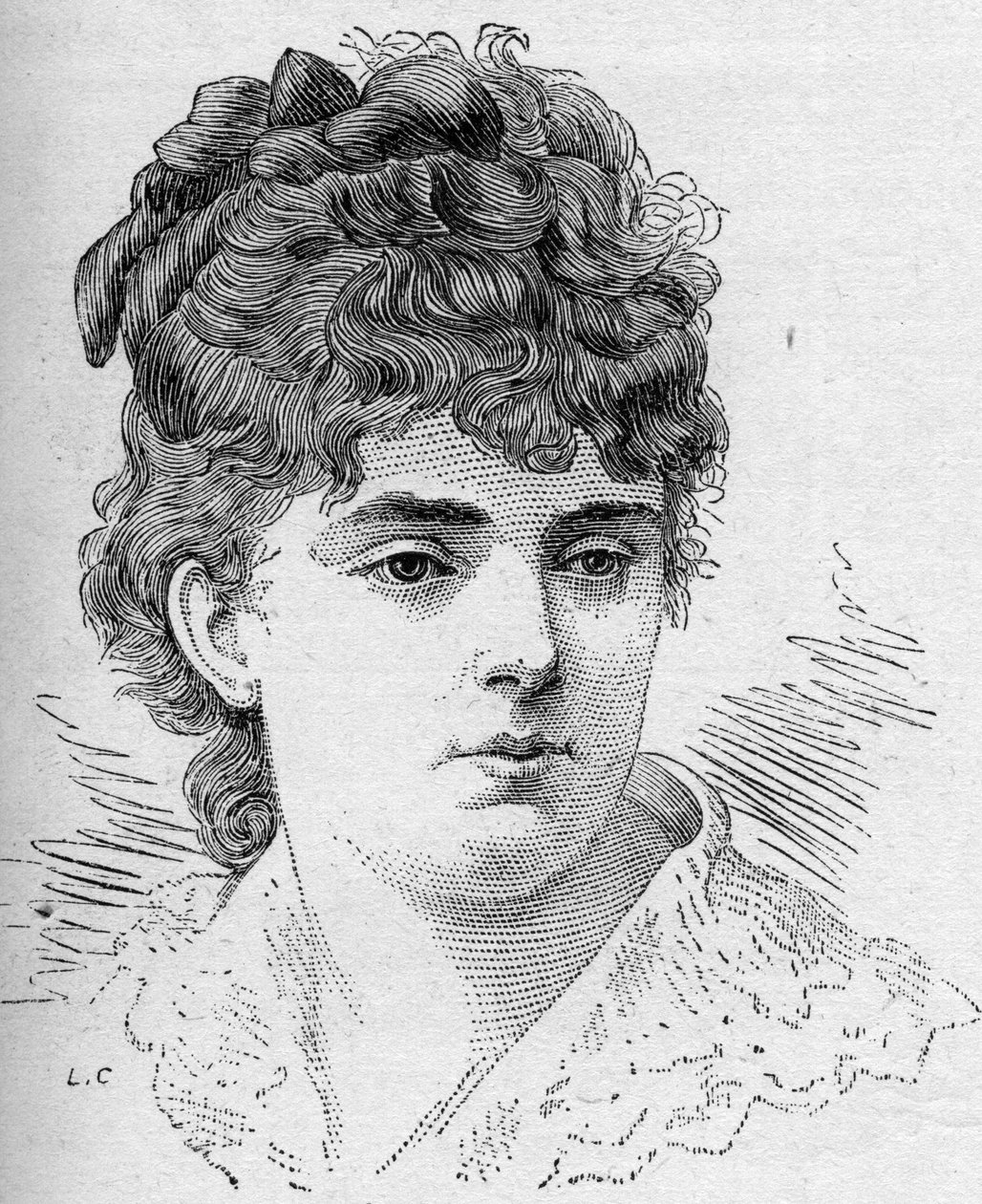 Retrato de Sophie Croizette, comediante francesa, membro da Comedie Francaise de 1868 a 1882. Gravura em "Le Monde Illustré" n°1168 de 16 de agosto de 1868 de Unknown artist