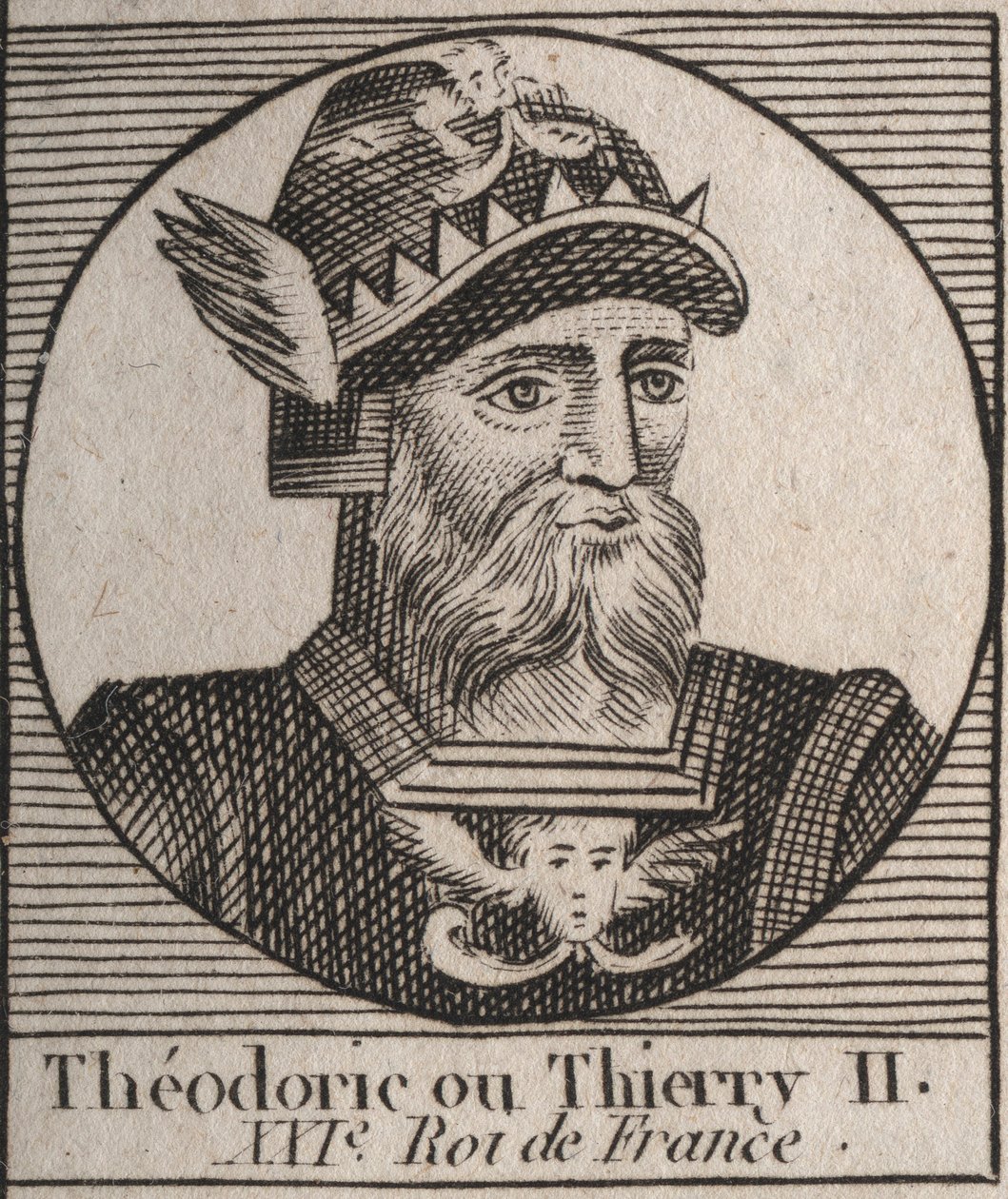 Retrato de Thierry II (587-613) Rei dos Francos da Austrália e da Borgonha de 595 a 613 - THIERRY II (Theuderic ou Theuderich, Theoderic ou Theodoric II) rei da Borgonha e da Austrália - gravura de "Instruction sur l